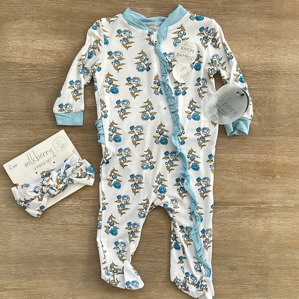 Milkberry Baby Girl Bamboo Footie Blue Floral Ruffle Headband 0-3 6-9 months